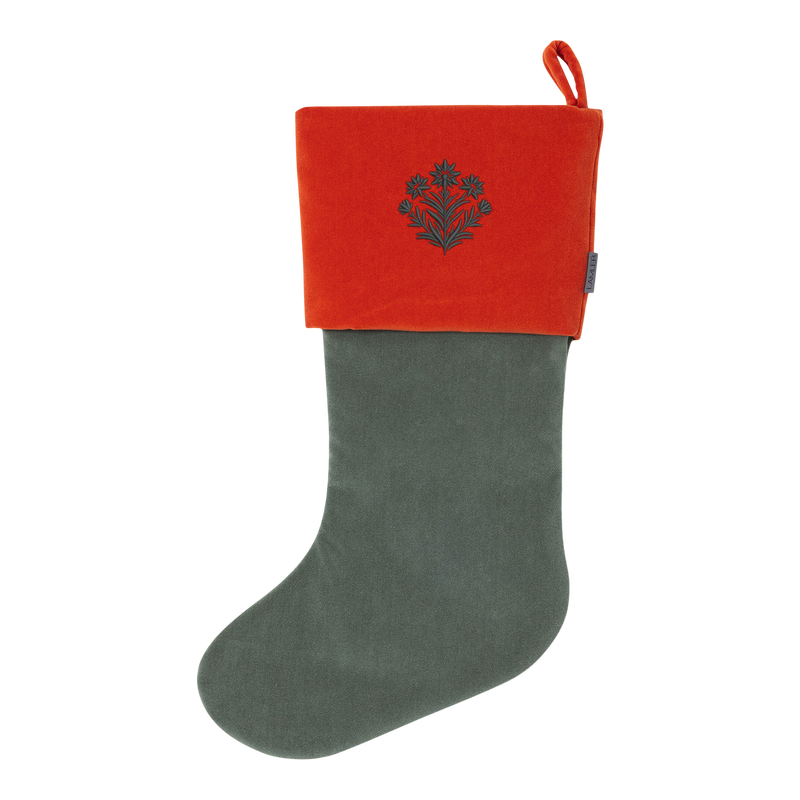 Velvet Christmas Stockings | Khaki/Rich Orange